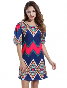 

Navy blue Puff Sleeve Geometric Print Loose Shift Mini Casual Dress, Multicolor
