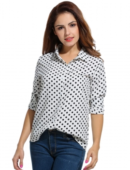 

White Long Sleeve Polka Dot Loose Button Down Shirts, Multicolor