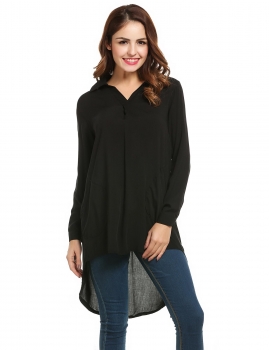 

Black V Neck Long Sleeve High Low Hem Loose Tunics, Multicolor