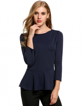

Blue Round Neck Long Sleeve Hollow Ruffle Tunics, Multicolor