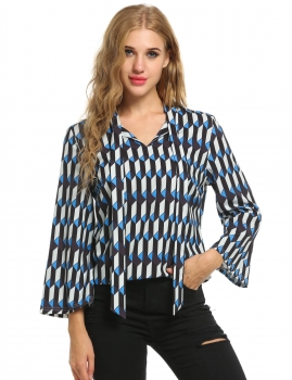 

Blue V-Neck Three Quarter Sleeve Print Shirts & Blouses, Multicolor