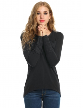 

Black Loose V-Neck Long Sleeve Asymmetrical Hem Top T-Shirts, Multicolor