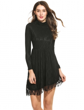 

Black Women Fashion Elegant Stand Collar Long Sleeve Backless Floral Lace Evening Party Asymmetrical Short Dress, Multicolor