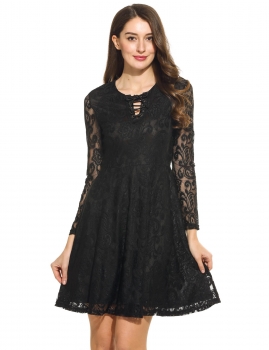 

Women Lace Up O-Neck Long Sleeve Floral Lace Cocktail Party Skater Dress, Multicolor