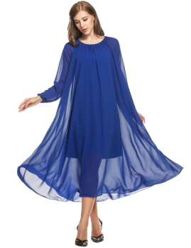 

Blue Women Long Sleeve Solid O Neck Pullover Chiffon Maxi With Belt Casual Dresses, Multicolor