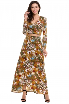 

Yellow New Women Casual Retro Style V-Neck Long Sleeve Print Floral Dress Suit, Multicolor