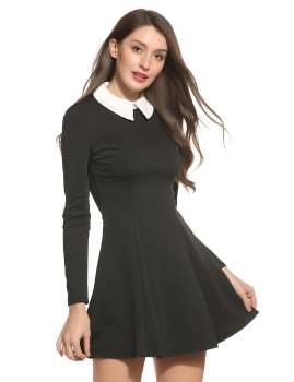 

Black New Women Turn Down Neck Long Sleeve Patchwork Zipper Pleated Dress, Multicolor