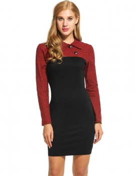 

Black Collared Contrast Color Plaid Patchwork Bodycon Business Pencil Dress, Multicolor