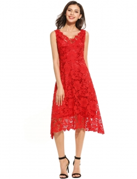 

Red Sleeveless Floral Lace V Neck Elegant Bridesmaid A-Line Dress, Multicolor