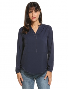 

Blue V-Neck Long Sleeve Solid Yarn Patchwork Shirts & Blouses, Multicolor