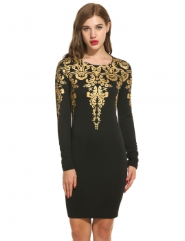 

Black Long Sleeve Pencil Dress Print Package Hip Banquet Party Dress, Multicolor