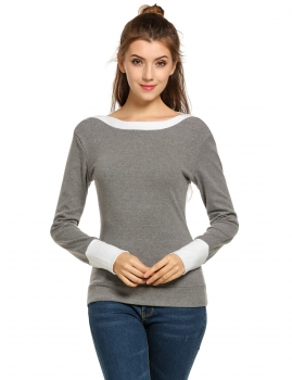 

Gray Boat Neck Long Sleeve Patchwork Contrast Color T-Shirts, Multicolor