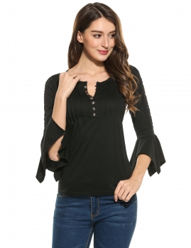 

Black Hollow Out Ruffle Sleeve Pleated Casual O-Neck Lace Patchwork Top, Multicolor