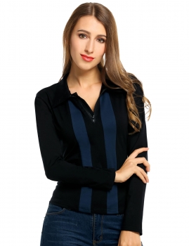 

Black Long Sleeve Patchwork Polo Neck Casual Tops, Multicolor