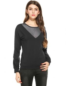 

Mesh Patchwork O-Neck Long Sleeve Pullover T-Shirt, Multicolor
