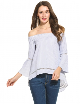 

Blue Flare Sleeve Slash Neck Striped Asymmetrical Hem Tops, Multicolor