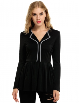

Black Long Sleeve Casual and Career Lapel Neck Peplum Tunics, Multicolor