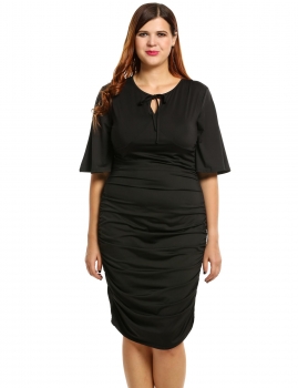 

Black New Women Casual V-Neck Short Flare Sleeve Solid Plus Size Pleated with Belts Going Out Dresses, Multicolor