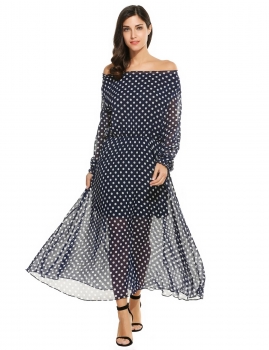 

Meaneor Dark blue Women Chiffon O-Neck Long Sleeve Polka Dots Maxi Party Beach Casual Dresses, Multicolor