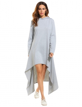 

Gray Hooded Asymmetrical Hem Loose Maxi Tunic Casual Dress, Multicolor