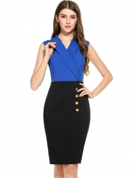 

Blue Women Casual Sleeveless Patchwork Neck Pullover Business Pencil Dress, Multicolor