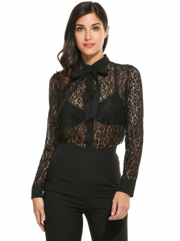 

Black Hollow Lace Turn Down Collar Long Sleeve Button Tops, Multicolor