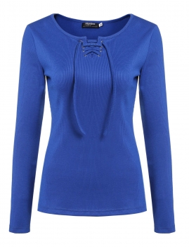 

Zeagoo Blue Women Knitted Lace Up O-Neck Long Sleeve Plain Slim Fit Basic Tank Tops T-Shirts, Multicolor