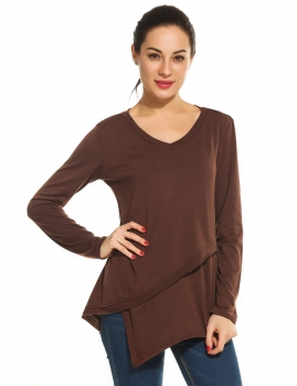 

Brown Irregular HemV-Neck Long Sleeve Solid Loose Fit Tops, Multicolor