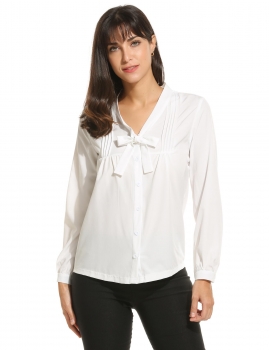 

ACEVOG White Bow V-Neck Long Sleeve Pleated Front Casual Button Down Shirts & Blouses, Multicolor