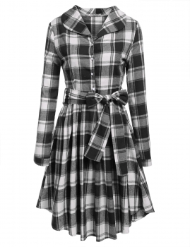 

Black Turn Down Collar Long Sleeve Half Button Plaid Shirt Casual Dress, Multicolor