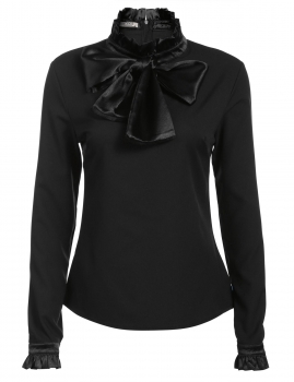 

Bow Tie Ruffled Neck Solid Long Sleeve Pullover Back Zip Closure Top, Multicolor