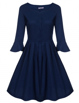 

Blue Vintage Style Sweatheart Neck Flare Sleeve Button Pleated Casual Dress, Multicolor