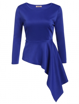 

Blue Asymmetrical Peplum O-Neck 3"4 Sleeve Solid Slim Fit Top, Multicolor