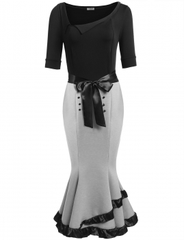 

Black New Women Vintage Styles Oblique Collar Short Sleeve Patchwork Mermaid Hem Dress, Multicolor