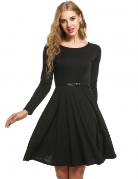 

ACEVOG Black Women O-Neck Long Sleeve Fit and Flare Solid Pleated With Belt Casual Dresses, Multicolor