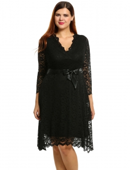 

Black New Women V-Neck Long Sleeve Solid Plus Size Lace with Belt Casual Dresses, Multicolor