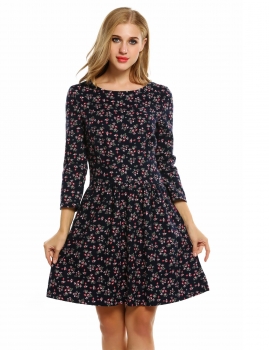 

Blue Women Fashion Long Sleeve Floral A-Line Short Casual Dresses, Multicolor