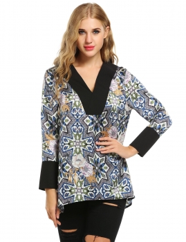 

Gray Deep V-Neck Long Sleeve Asymmetrical Hem Floral Tunics, Multicolor