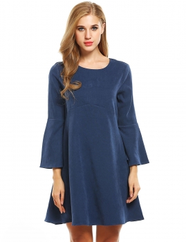 

Blue Women Fashion Retro Round Neck Flare Long Sleeve Solid A-Line Short Going Out Dresses, Multicolor