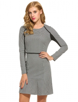 

Women Casual Long Sleeve Plaid O Neck Zip-up Vintage Style Dress, Multicolor