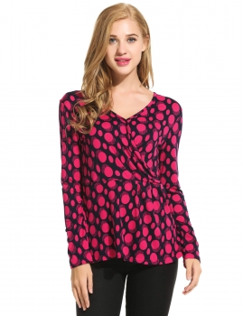 

Rose red Long Sleeve V Neck Solid Slim Pullover Pleated Hem Blouse Casual Tops, Multicolor