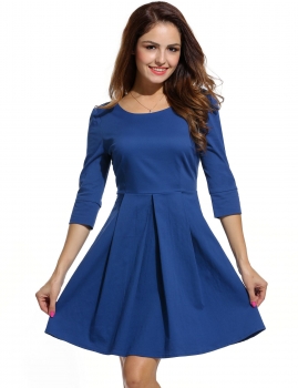 

Blue New Women Sexy O-Neck Three Quarter Sleeve Solid Pleated Backless with Bow Party Dresses, Multicolor