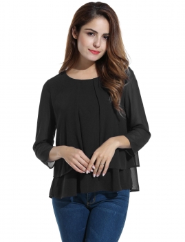 

Black Women Fashion Front Pleated Long Sleeve Solid Chiffon Tops Shirts & Blouses, Multicolor