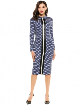 

Women Fashion Slim Turn Down Collar Long Sleeve Polka Dot Bodycon Pencil Short Dress, Multicolor