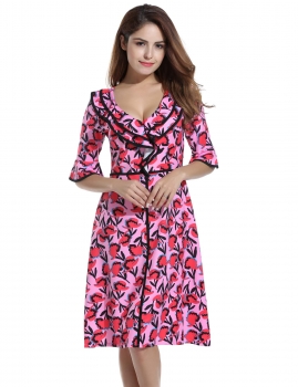 

Women Ruffles Deep V-Neck Fit & Flare Vintage Style Printed A-Line Dress, Multicolor