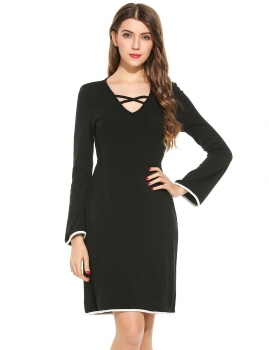 

Black Women Fashion V-Neck Long Flare Sleeve High Waist Slim Pencil Solid Dress, Multicolor