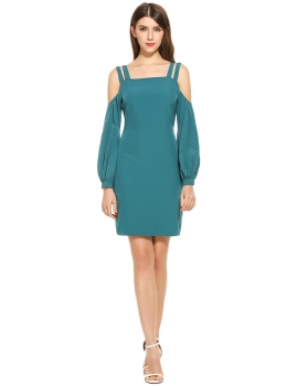 

Blue Women Fashion Sexy Cold Shoulder Long Lantern Sleeve Solid Pencil Short Dress, Multicolor