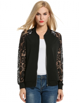 

Black Lace Patchwork Zip-Up Short Slim Fit Bomber Jacket, Multicolor