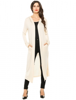 

Beige Casual Hooded Long Sleeve Solid Maxi Cardigan, Multicolor