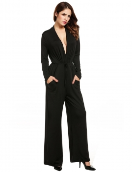 

Black Deep V-Neck Long Sleeve Solid Loose Wide Leg Jumpsuit, Multicolor